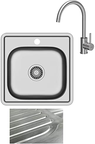 VBChome Einbauspüle mit Armatur 48x48 Satinstruktur ab 45er Unterschrank Edelstahl Küchenspüle Spüle Ablagefläche Abtropffläche eckiges Camping Ablaufgarnitur Siphon Wasserhahn Inox Edelstahl