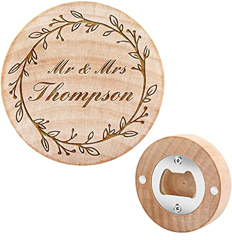 Décapsuleur rond en bois personnalisé pour les couples, dessous-de-verre, aimant de réfrigérateur, décoration pour bouteille de bière