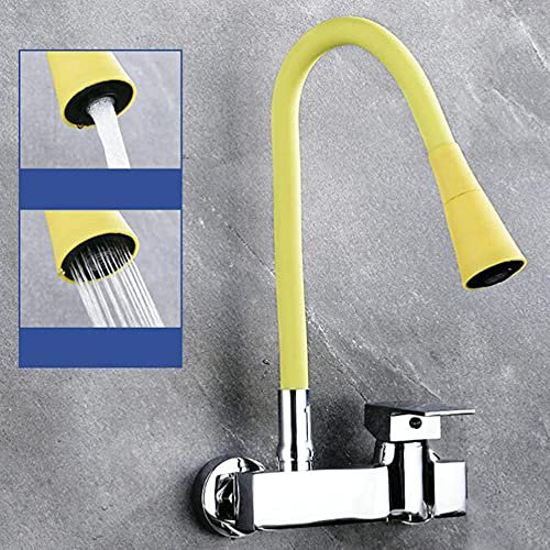 Brass Kitchen Tap Wall Mounted Swivel Hot and Cold Mixed Water Kitchen Sink Mixer Taps-Yellow