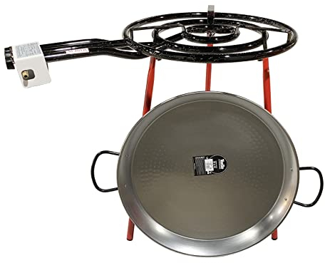 FERRETERIA LEPANTO Kit Paellero, Quemador a Gas butano, paellera acero pulido, regulador de Gas + 1,5 metros de Manguera, soporte de 3 Patas reforzadas (70)