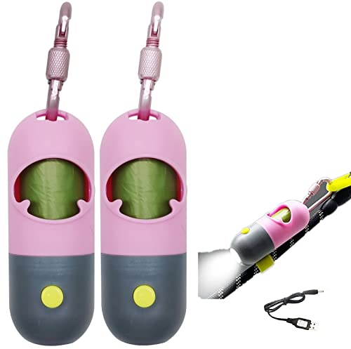 Morn Light Kotbeutelhalter mit Taschenlampe, Hundekotbeutelhalter für Leine, Hundebeutelhalter mit Clip, Hundekotbeutelspender mit grünem Duft, wiederaufladbares USB-Kabel (Rosa, 2 Spender, 60 Beutel)