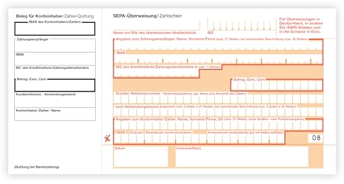 Litfax – SEPA Überweisung Zahlschein, Format: Din lang, ohne Durchschlag, mit Quittung links, SEPA-Zahlscheine Bankformulare (100 Stück)