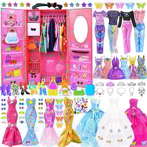 146pc Puppe Kleiderschrank und Puppenzubehör für 11.5 Zoll Puppe Mode Design Kit Mädchen Puppe Dress Up Inklusive Brautkleid Outfits Schuhe Kleiderbügel Taschen Halsketten Aufkleber