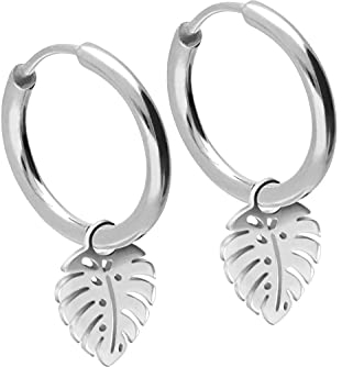 PIERCINGLINE 1 Paar Chirurgenstahl Creolen | MONSTERABLATT PALMENBLATT | Silberfarben | 14 mm Innendurchmesser | 2 mm Designstärke | 0,8 mm Stabstärke | Anhängergröße (Blatt): 9 x 12 mm