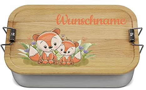 PR Print Royal Große Brotdose Bedrucken mit Name und Kindermotiv - Fuchs - Geschenk für Kinder zur Einschulung, personalisiertes Geschenk - Brotdose selbst gestalten, Holzdeckel, BPA-frei, 1000 ml