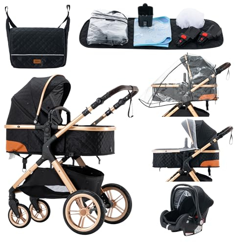 YAZOCO kinderwagen 3 in 1 Buggy Babybett Komplett Set Einem Klick Zusammenklappbarer Kinderwagen, KombiKinderwagen Aluminiumrahmen für Neugeborene Sitzzubehör (4 schwarz)