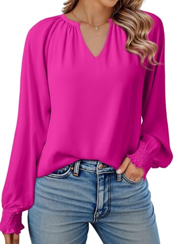 Dokotoo Women's Blouses Shirts Smocked Puff V Neck Womens Long Sleeve Tops Oversized Ladies T-Shirts Chiffon Blouse Casual Women Tunic Top S-XXL