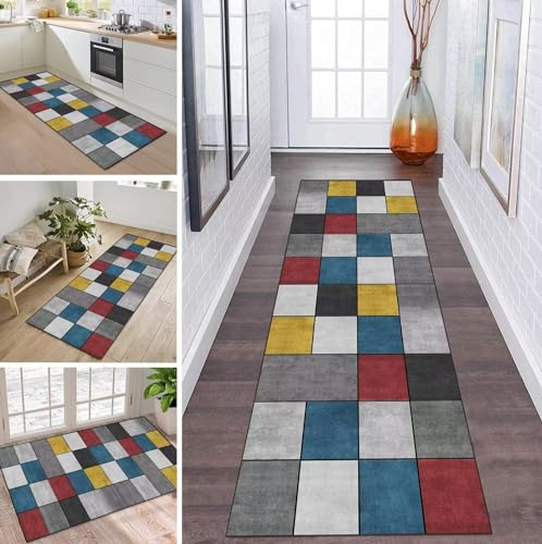 Teppich Läufer Lang Flur Küche rutschfest Waschbar Küchenläufer 80X200CM Grau Blau Gelb Teppichmatten Polyester Korridor Teppichläufer Flur Wohnzimmer Schlafzimmer Schmutzfangmatte Küchenteppich