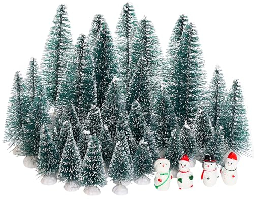 Yookat 40 Stück Mini Weihnachtsbäume Flaschenbürste Bäume Sisalbäume Mini Kiefern mit Holzsockel Flaschenbürste Weihnachtsbäume und Weihnachtsfiguren für Weihnachtsdekoration (Dunkelgrün)