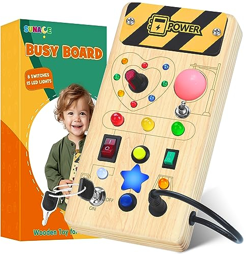Montessori Busy Board - Montessori Spielzeug ab 1 Jahr Holzspielzeug mit 8 Schalter 15 LED-Leuchten Activity Board Motorikspielzeug Lernspielzeug für Babys Kleinkinder Jungen Mädchen ab 1 2 3 4 jahre