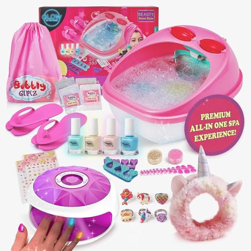Glow in Dark Kids Spa Kit for Girls, 42+ Piece Spa Toys Set w/Waterfall Foot Spa, Nail Spa Kit, Pedicure Manicure Accessories, Perfect Spa Kit for Ages 6 7 8 9 10 11 12, Fun Birthday or Christmas Gift