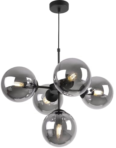 Light-Home Imperia Hängelampe - Deckenlampe für Wohnzimmer Schlafzimmer und Esszimmer- Pendelleuchte aus Metall und Glas - E14-5-Flammig - Schwarz Basis und Dunkelgrau