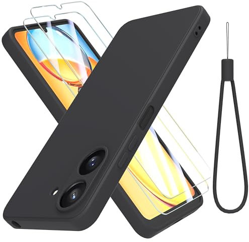 THIYUFUNS Hülle für Xiaomi Redmi 13C 4G (6.74) Handyhülle mit 2 Stück Schutzfolie, TPU Silikon Liquid Silicone Dünne Weiche Mikrofaserfutter Stoßfest Case SchutzHülle für Xiaomi Redmi 13C - Schwarz