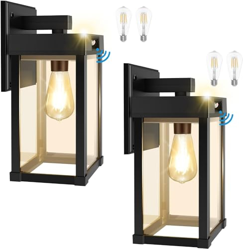 Solarlampen für Außen mit Bewegungsmelder, COLBOR 2Pcs Moderne Aussenwandleuchte 3 Modi IP65 Wasserdicht mit Glühbirnen für Garage Garten Hof Terrasse, Solarlleuchte-Außen-Bewegungsmelder-Licht-Solar
