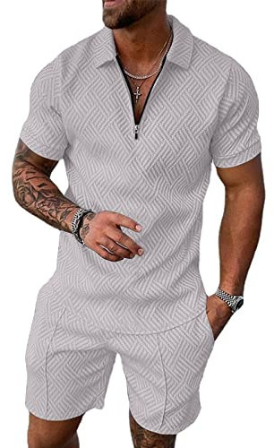 Hoefirm Herren Trainingsanzug Sommer Sportanzug 2 Teiliges Business Polo Hemd Set Kurzarm T-Shirts Kurze Hose Freizeitanzug Grau XL