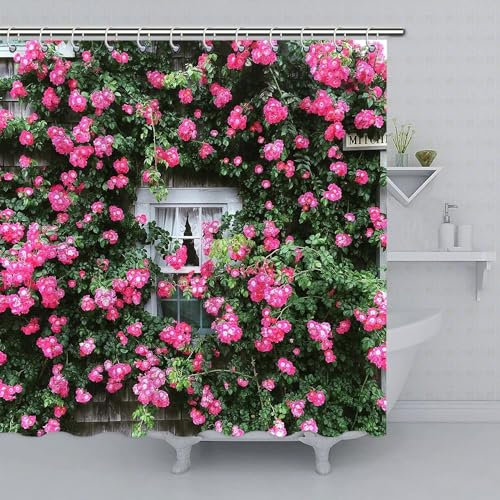 Gaakvrr Roses Cottage Shower Curtain, Window Flowers Curtain, 3D Garden Shower Curtain Washable Waterproof Curtains Set with 12 Hooks for Bathroom 72x72 Inch(183x183CM)