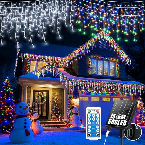 GCMacau 3 IN 1 Eisregen Lichterkette Solar [15m +5m], 660LEDs Weihnachtsbeleuchtung Außen,8 Modi,Erweiterbar, Lichterkette Außen USB-Strom,IP65 Wasserdicht Mit Fernbedienung Timer[weiß+Bunt]