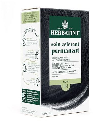 Herbatint Soin Colorant Permanent pour Cheveux 1N Noir - 170 ml | Sans Ammoniaque, 100% de Couverture des Cheveux Blancs | Testé Dermatologiquement pour Peaux Sensibles, avec 8 Extraits Végétaux Bio
