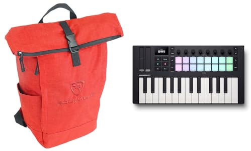Audiosavings Bundle: Novation LAUNCHKEY MINI 25 MK4 25-key MIDI Ableton Live Keyboard Controller Bundle with Rockville RPAK Burned Red Stylish Durable Backpack Bag w/Padded Laptop Pocket (2 Items)