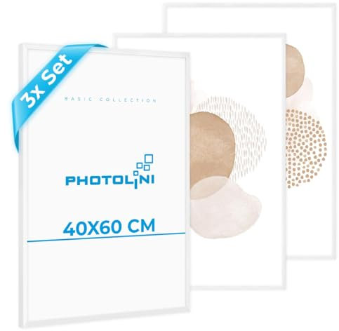 PHOTOLINI Bilderrahmen 40x60 Weiß, Kunststoff 40x60 cm Bilderrahmen 3er Set mit bruchsicherem Acrylglas, Rahmen 60x40 zum Aufhängen mit Zubehör - Dokumentenrahmen für Urkunden, Zertifikate & Fotos