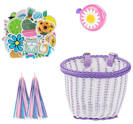 SVNR Kinder Fahrradkorb,Laufrad Korb Kinder,Fahrradkorb Geflochten aus Kunststoff-Rattan für Jungen und Mädchen, Einfach zu montieren,weich und formbar,mit Lederriemen, Klingel,Luftschlangen& Aufklebe