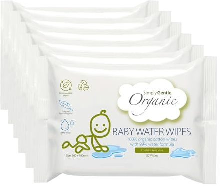 Simply Gentle Organic - Baby Wipes, 100% Organic Cotton with 99% Water Formula - Soft & Hypoallergenic, Suitable for Newborn - Chemical Free, Biodegradable, Dermatological Tested - 52 (Pack of 6)