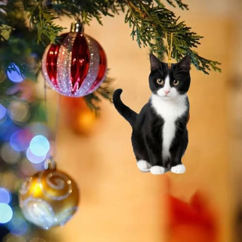 Christmas Black Cat Ornaments,Cute Black & White Cats Hanging Ornaments,Animal Christmas Tree Ornaments, Acrylic Black Cat Hanging Pendant For Home Holiday Decor,Xmas Cat Gifts for Cat Lovers