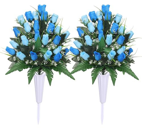 Lodou Fleurs artificielles de cimetière pour décoration de tombe en plein air, bouquet d'arrangements avec vase de cimetière, fleurs en soie pour un souvenir durable (bleu)