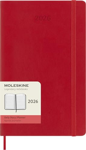 Moleskine Tagesplaner, Tagesagenda 2026 12 Monate, Mit Weichem Einband und Elastischem Verschluss, Großformat 13x21, Farbe Rot