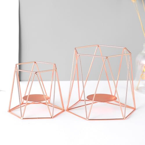 ZGFHLI Teelichthalter Kerzenhalter Metall Geometrisches 2Er Set, Kerzenständer Stumpenkerze Windlicht Modern Geo Deko Für Tischdeko Party Wohnzimmer Weihnachten,Rosa