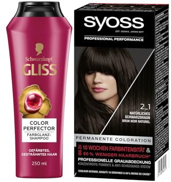SYOSS Color Coloration 2_1 Schwarzbraun Stufe 3 (1x 115 ml) bis zu 10 Wochen Farbintensität & Gliss Shampoo Colour Perfector (250 ml) Haarshampoo für coloriertes, gesträhntes und gefärbtes Haar