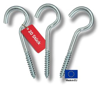 THOMCE robuste Schraubhaken verzinkt 20 Stück 5x70mm Deckenhaken hergestellt in der EU Hakenschraube für Ordnung mit System Rundhaken geeignet für Gipskarton oder Holzbalken