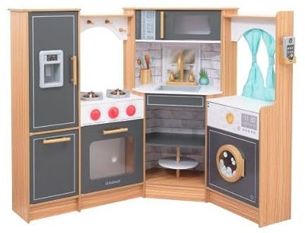 KidKraft Ultimate Corner Wooden Play Kitchen with Lights & Sounds, Play Phone and Curtains, Natural, Gift for Ages 3+