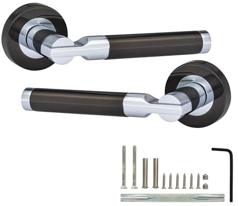 XFORT Turino Lever on Rose Door Handles, Internal Door Handle Sets, Lever Latch Door Handle, Interior Door Handles for Home & Office – Polished Chrome/Polished Black Nickel Dual Finish
