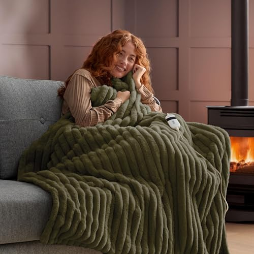 Silentnight Luxury Faux Fur Ribbed Heated Throw - Luxury Plush Electric Heated Blanket for Sofa Bed with 9 Heat Settings, Fast Heat-up and Safety Shut Off - Machine Washable - 120x160cm, Olive Green