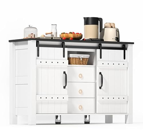 Solisburne Küchenschrank mit Stauraum, Sideboard 120 cm breiter mit Schiebetüren und 3 Schublad Vintage Buffetschrank Standschrank Anrichte Schrank für Küche Wohnzimmer Esszimmer, Weiß, 120×40×80