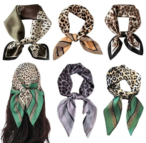 KLEHOPE 5 Stück Kopftuch Damen, 70 × 70 cm Halstücher, Polyester Kopftücher für Damen, Leopardmuster Tuch Damen's Sommer Kopf für Kleidung, Haare, Hals oder Handtaschen Geeignet