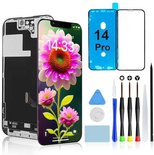 for iPhone 14 Pro Screen Replacement, 6.1 FHD LCD Touch Display Assembly | COF Touch Screen Digitizer Assembly with Repair Tools, Waterproof Adhesive Seal, Tempered Glass Protector & Installation Kit