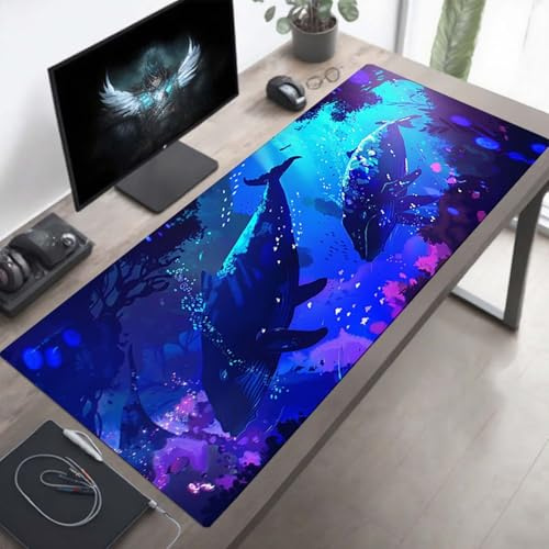 Gaming Mauspad XXL 900x400x3 mm, Fisch Mauspad, Große Blau Schreibtischunterlage Tastatur Matte, rutschfeste Gummibasis Schreibtisch Matte, Genähte Kanten Mouse Pad Desk Mat für Computer PjY645 I-8