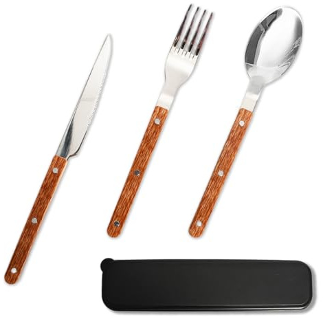 Kaiyzo Set Cubiertos 430 Acero Inoxidable, Cuchillo Tenedor Cuchara con Mango Imitación Madera Remachado, Set Reutilizable para Comidas y Viaje, Incluye Estuche Negro