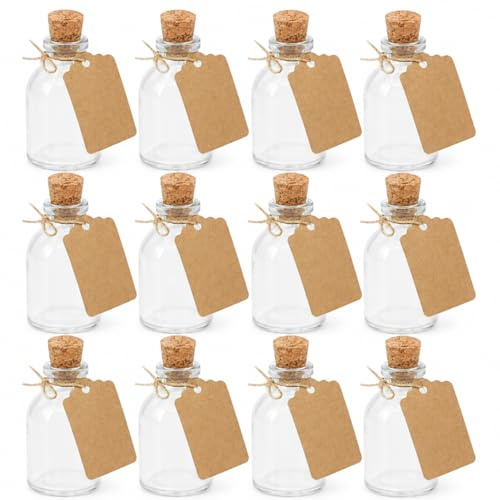 50ml Clear Mini Glass Bottles, Set of 12, Wedding Favours, Potion Bottles | Includes Corks Stoppers, Labels and String for Baby Shower, Party Favours, Sand Art, Decor and DIY Crafts - Table Decorations