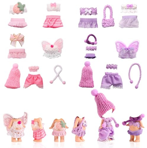 10 Juegos Ropa para Muñecas de 7,5-8cm, Que Incluyen Blusas Faldas Pantalones Sombreros Bufandas Alas Accesorios de Moda para Exhibir y Decorar (Rosa y Morado)