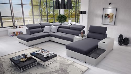 IM SOFA PERS V XXL Ecksofa U-Form mit Bettfunktion Wohnlandschaft Couch Wohnzimmer freistehend verstellbare Kopfstützen 3 Dekokissen modernes (Grau Sawana + Weißes Kunstleder, Rechts)