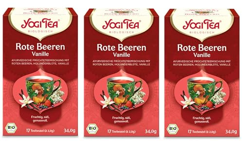 YOGI TEA Rote Beeren Vanille, Bio Kräutertee mit Roten Beeren, Holunderblüte, Vanille, koffeinfrei, Yogi Tee 3er Pack, 3x17 Beutel (51 Teebeutel)