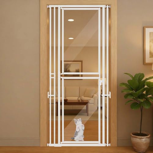 unipaws Puerta para mascotas extra alta de 200 cm, puerta alta transparente para gatos, 70-95 cm de ancho, sin taladrar, puerta de perro montada a presión, marco de metal, barrera de seguridad