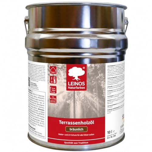 Leinos Terrassenholzöl 10,0 Liter – bräunlich Premium Holzschutzöl für außen, ideal für Lärche, Eiche, Akazie & Teak – Teaköl & Lärchenöl für Terrassen, Zäune, Gartenmöbel, Kinderspielgeräte & mehr