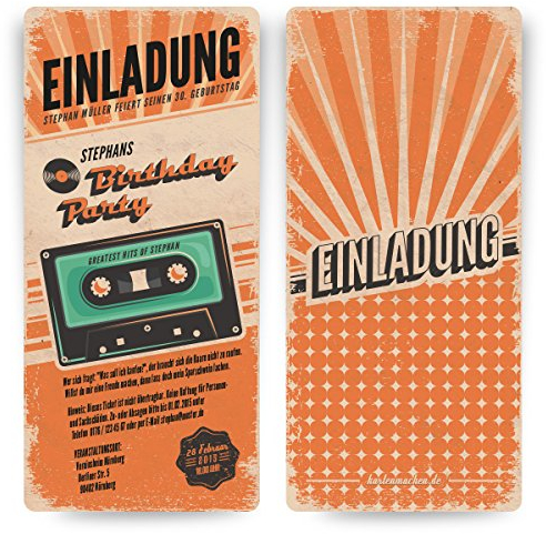 Einladungskarten zum Geburtstag (10 Stück) als Retro Karte Konzertkarten Vintage Konzert Disko Kassette