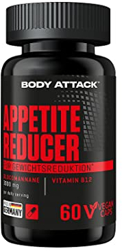 Body Attack Appetite Reducer Men, 60 Kapseln / 10 Portionen, mit Vitamin B-12, pflanzliche Ballaststoffe für maximale Sättigung, Glucomannan aus Konjakwurzeln, Diät-Support, vegan, Made in Germany