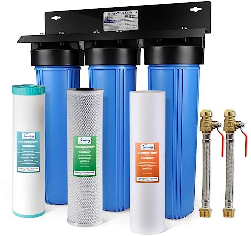 iSpring WGB32BM 3-Stage Whole House Water Filtration System (w/ 20” x 4.5” Sediment, Carbon, and Iron & Manganese Reducing Filters) w/ 3/4'' Push-Fit Braided Stainless Steel Hose Connectors