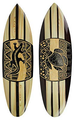 Chesapeake Bay Ltd Set mit 2 handgeschnitzten Surfbrettern aus Holz, Tiki-Dekoration, Eidechse, Schildkröte, Wandbehang